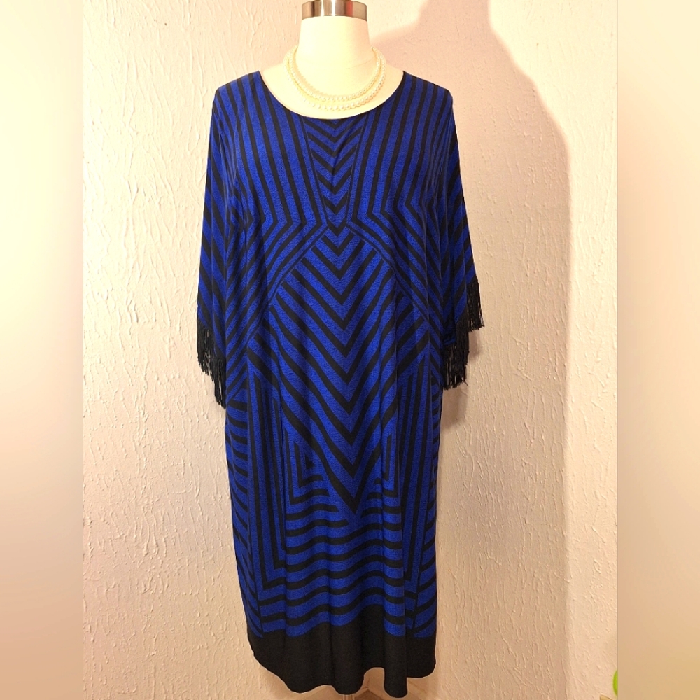 Catherine's Blue/Black Geometric Striped Fringed Sleeve Dress